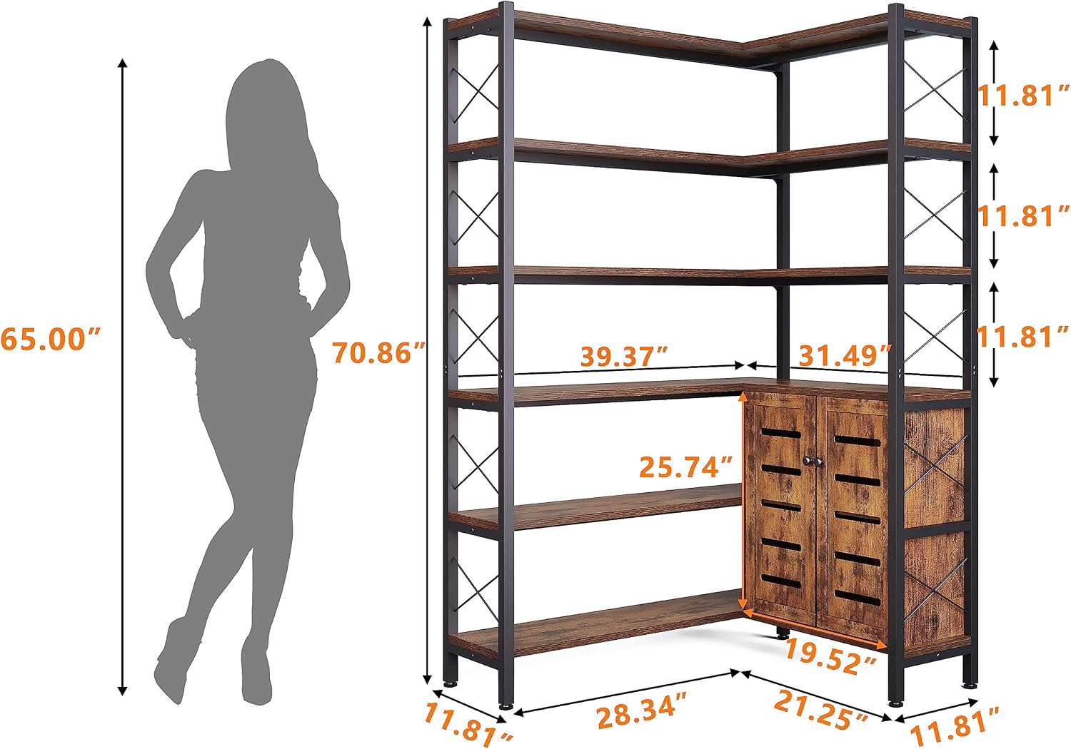 Wildhome 6-Shelf Corner Bookshelf, Vintage Industrial Corner Shelf Etagere Bookcase, Large Book Shelf with Metal Frame Open Storage Corner Cabinet (Brown-Lockers)