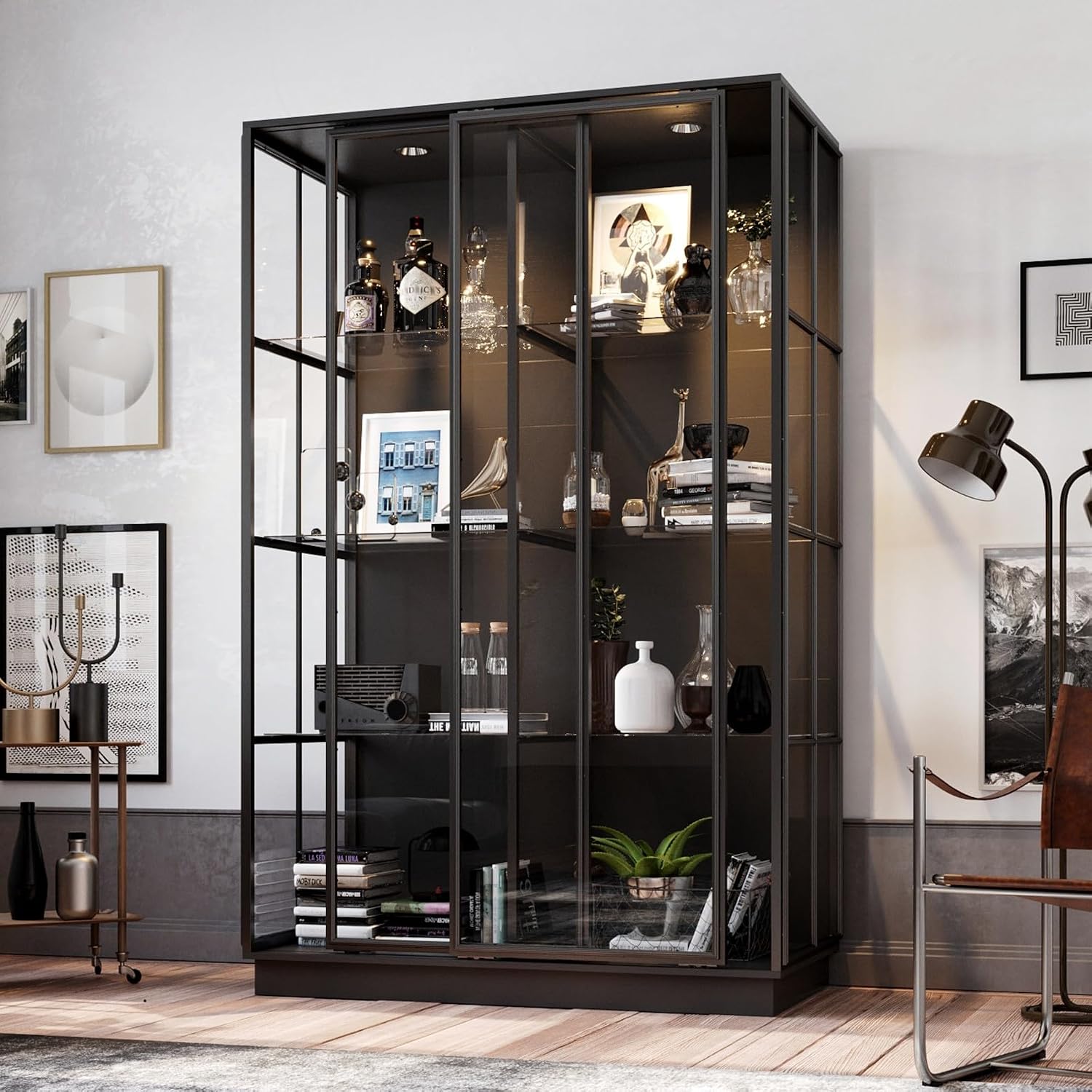Large Display Cabinet with Glass Shelving & Sliding Doors, Trophy Case Glass Cabinet with Spotlights Black 48.1'W x 23.6'D x 74.8'H