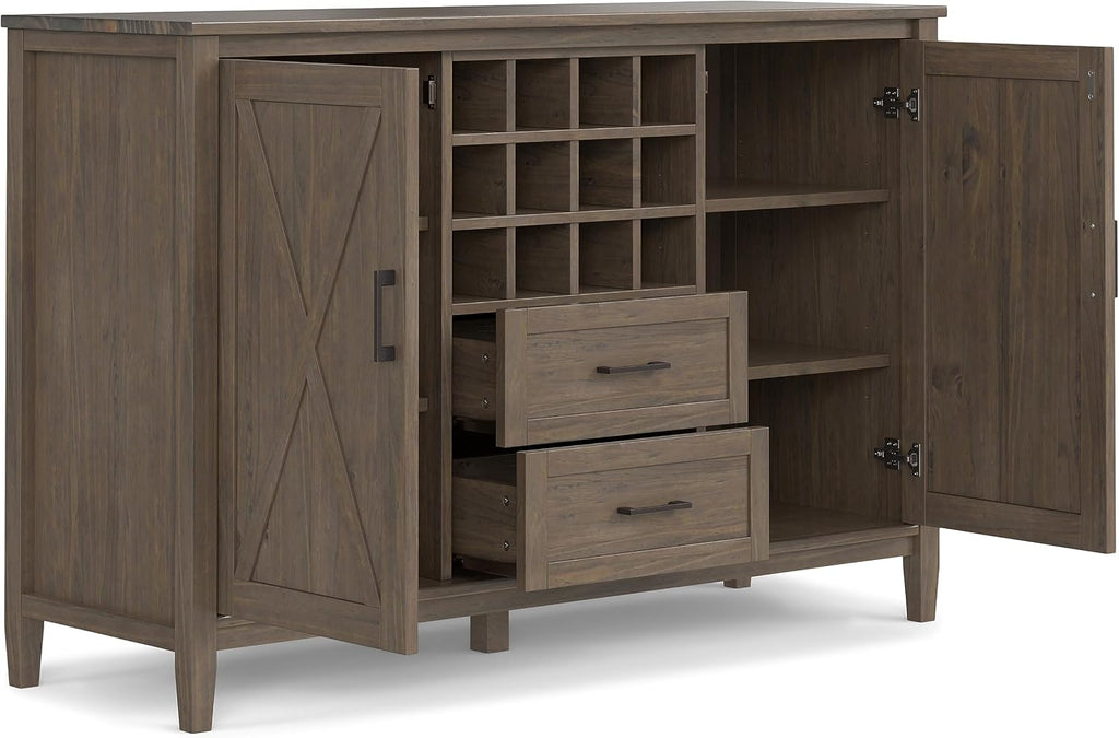 SIMPLIHOME Ela Solid Wood and Pine 54 inch x 18 inch Rectangle Transitional Sideboard with Wine Storage in Smoky Brown for The Dining Room and Kitchen