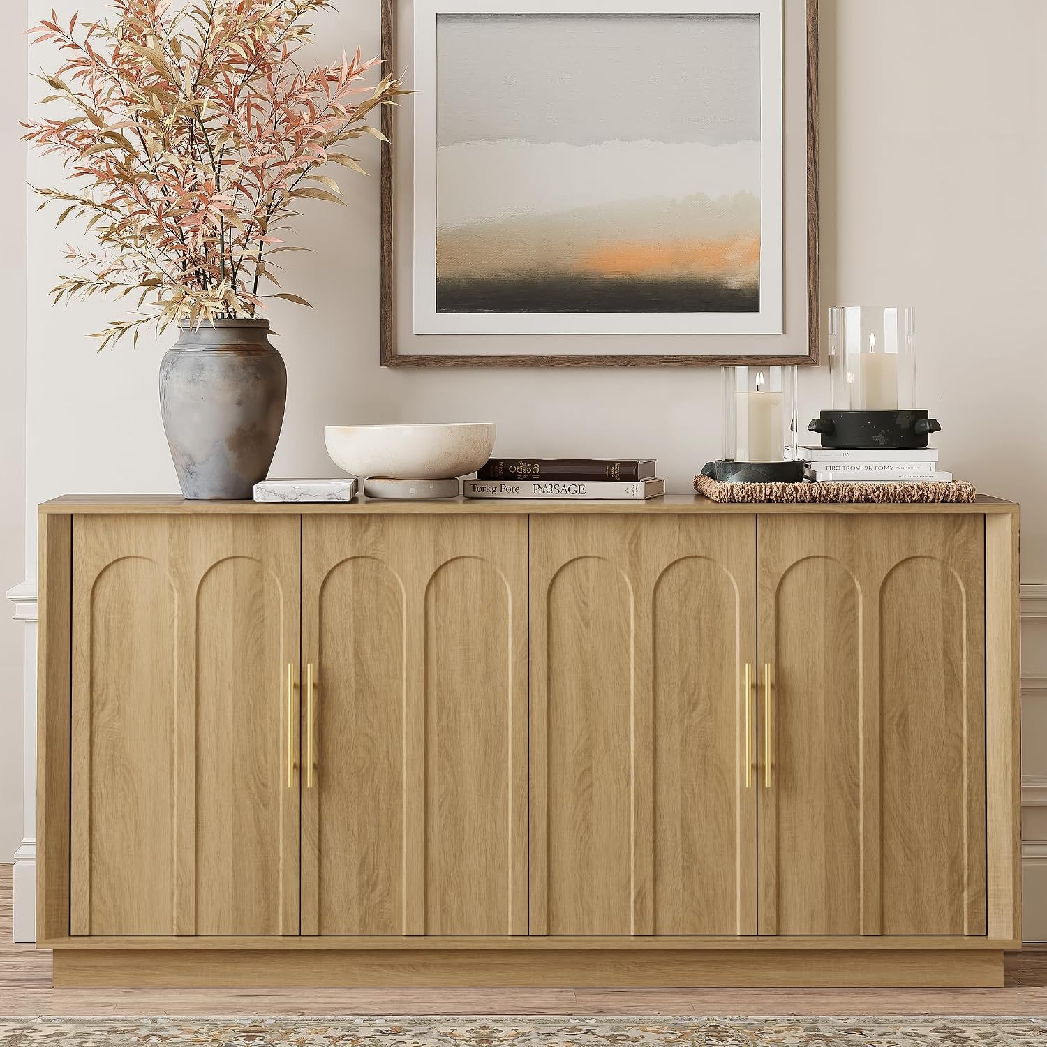 FORTUNETEC Sideboard Buffet Cabinet with Storage, Modern Accent Cabinet with Arched Doors, Boho Modular Media Console, 67' Large Minimalist Credenza for Living Room Kitchen Dining Room Entryway, Oak
