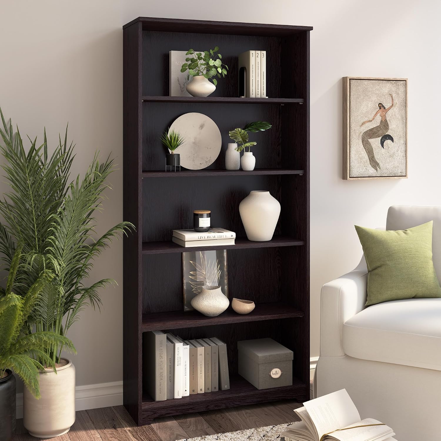 Bush Home Tall 5 Shelf Bookcase, Large Open Bookshelf, Sturdy Display Cabinet for Living Room or Home Office, Cabot Collection, Espresso Oak