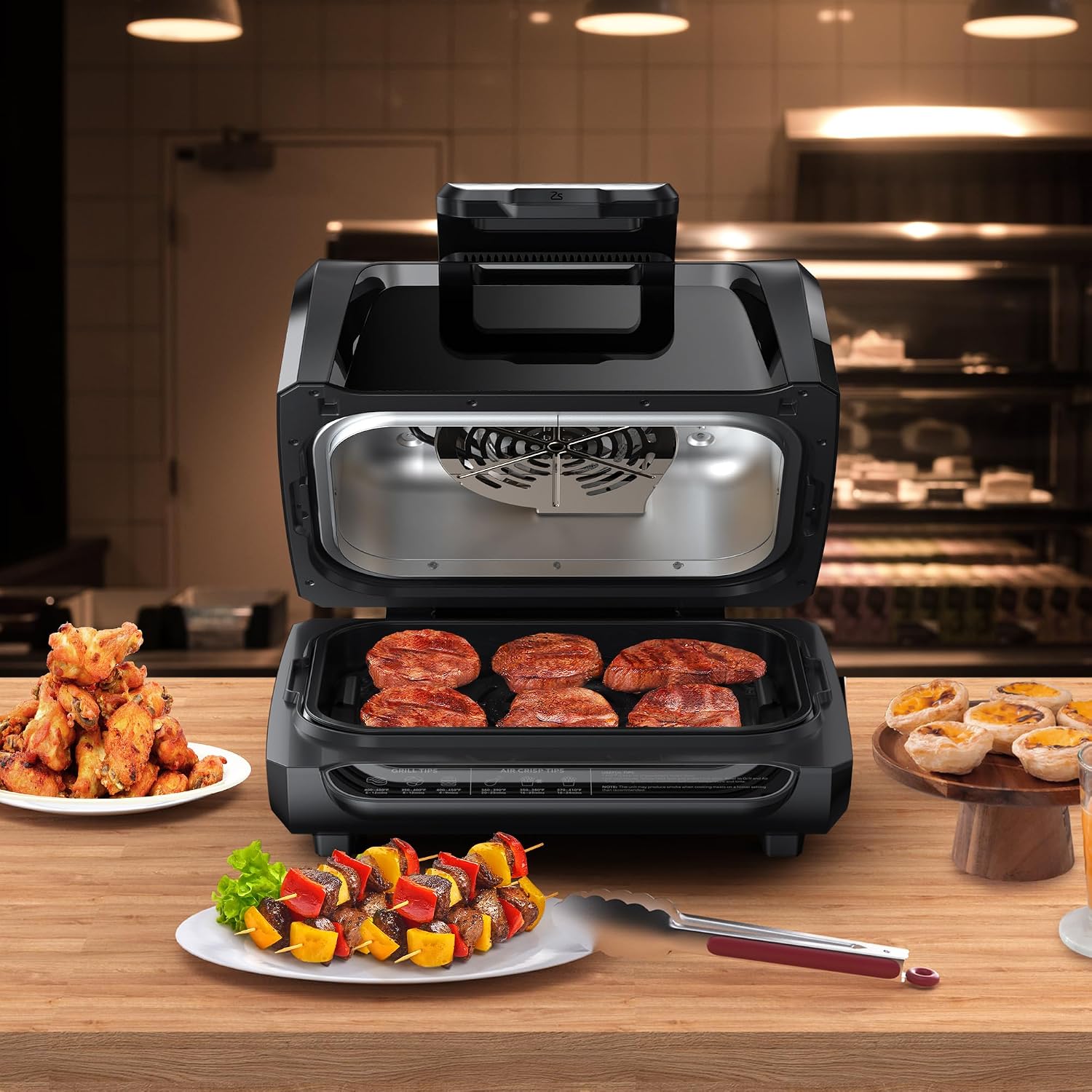 1750W smokeless Indoor Grill Air Fryer Combo, 7-In-1 Smokeless Electric Air Grill with See-Through Window, Non-Stick Removable Plates, Oil-Free Cooking Up to 450°F, Tongs, 4QT, Black