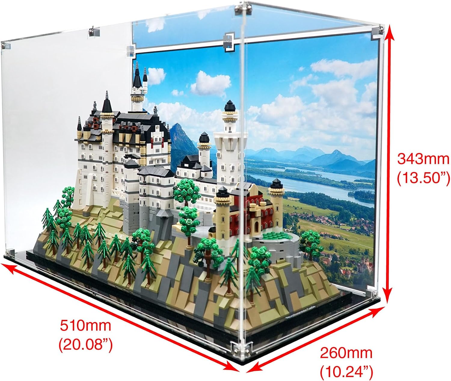 Display Case Compatible with Lego Set 21063 Neuschwanstein Castle - Premium Acrylic Showcase with Background - Set not Included