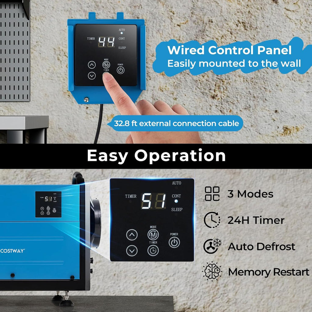 COSTWAY 124 PPD Commercial Dehumidifier, 1300 Sq.Ft Crawl Space Dehumidifier with 9.8 FT Drain Hose & Wired Remote Control Panel, Ideal for Basement, Warehouse, Job Site (Blue)