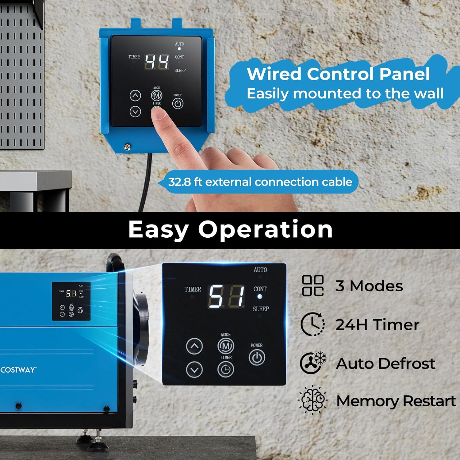 COSTWAY 124 PPD Commercial Dehumidifier, 1300 Sq.Ft Crawl Space Dehumidifier with 9.8 FT Drain Hose & Wired Remote Control Panel, Ideal for Basement, Warehouse, Job Site (Blue)