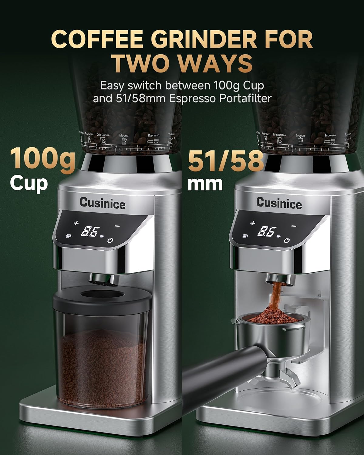 Espresso Coffee Grinder - 48 Precise Grind Settings, Anti-Static 40mm Stainless Steel Burr, 0.1s Electronic Timer, 11.3oz Bean Hopper, Conical Burr Coffee Grinder for Home Use Brushed Silver