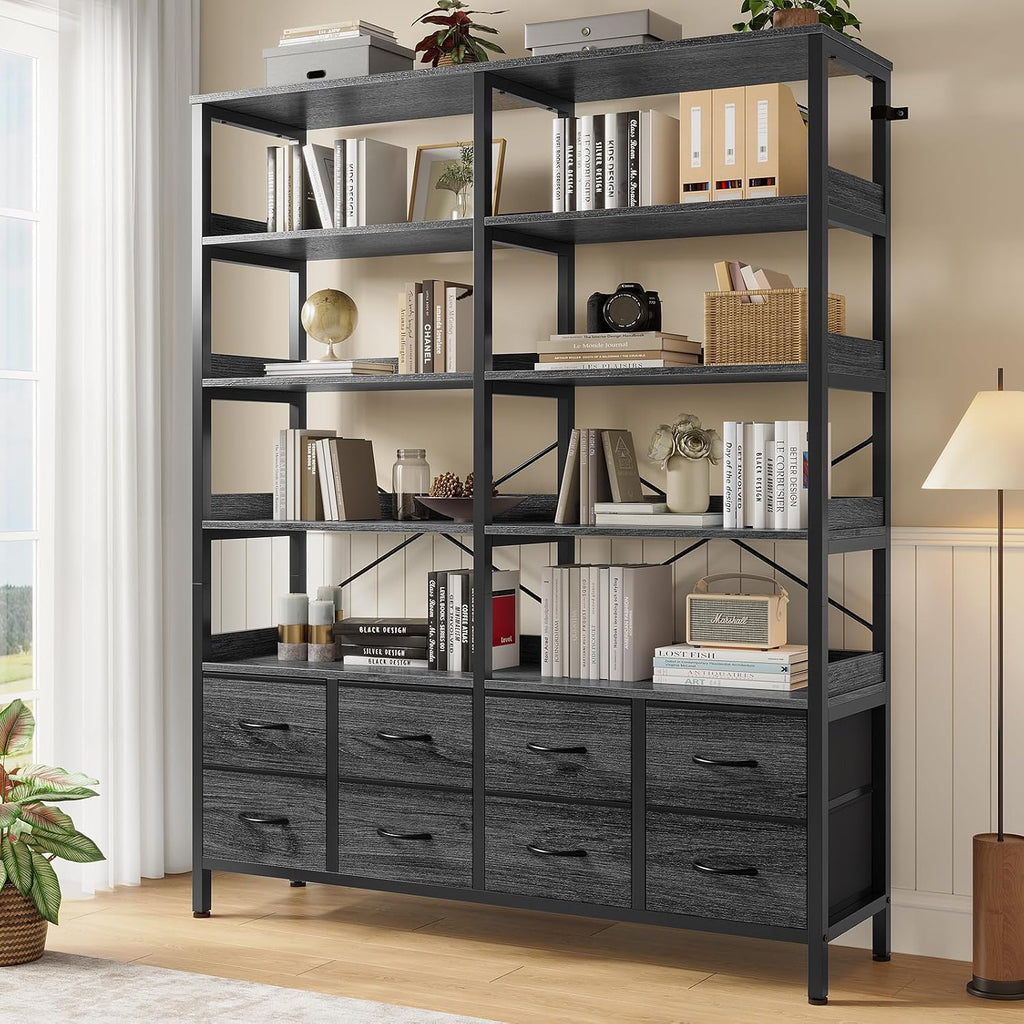 HAUOMS Bookshelf with 8 Fabric Drawers, 7-Tier Bookcase with Baffles Display Shelves, Industrial Large Book Shelf for Living Room Home Office, Grey