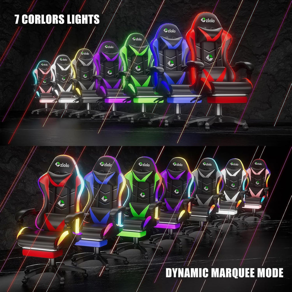 Czlolo Gaming Chair, Racing Style RGB LED Lights Gaming Chairs for Adults and Kids, Lumbar Massager Gamer Chair, High Back Reclining Computer Chair with Footrest and Headrest (Black/Pink)