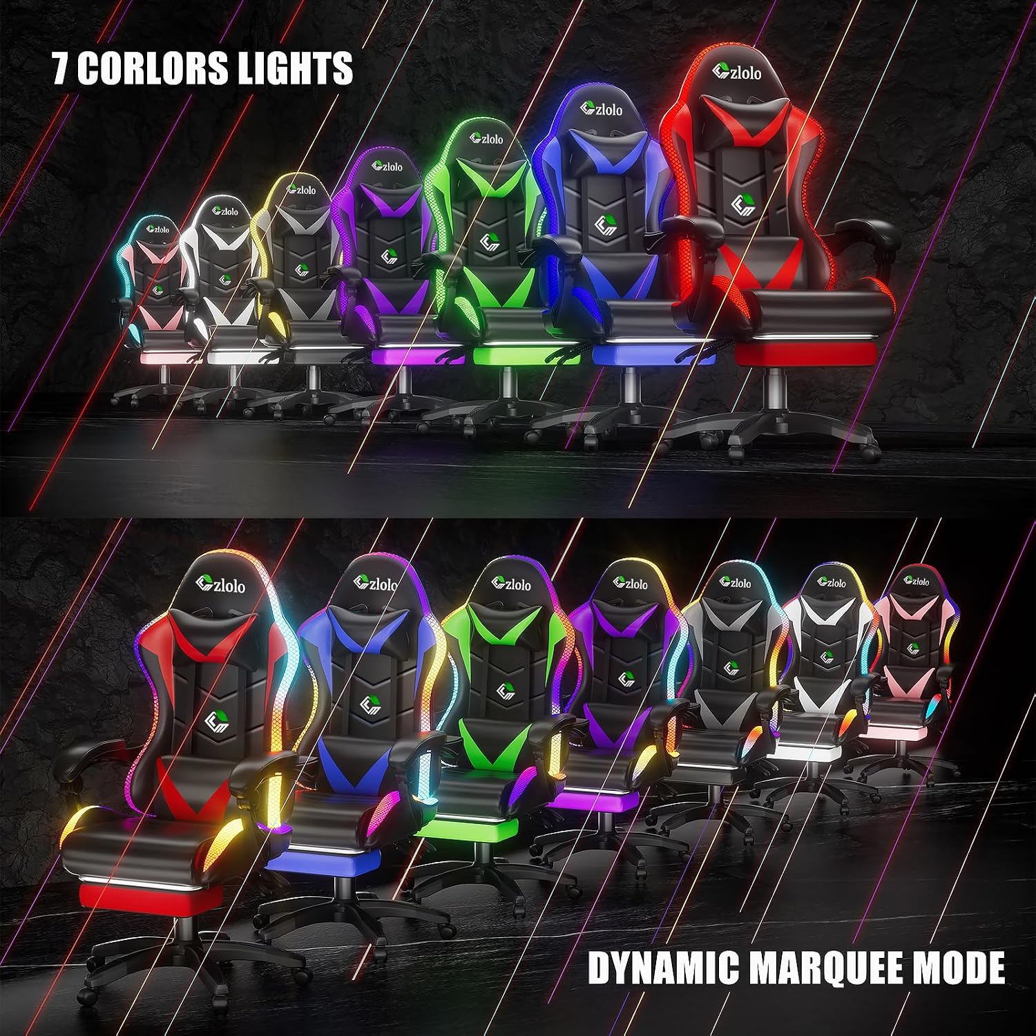 Czlolo Gaming Chair, Racing Style RGB LED Lights Gaming Chairs for Adults and Kids, Lumbar Massager Gamer Chair, High Back Reclining Computer Chair with Footrest and Headrest (Black/Gray)