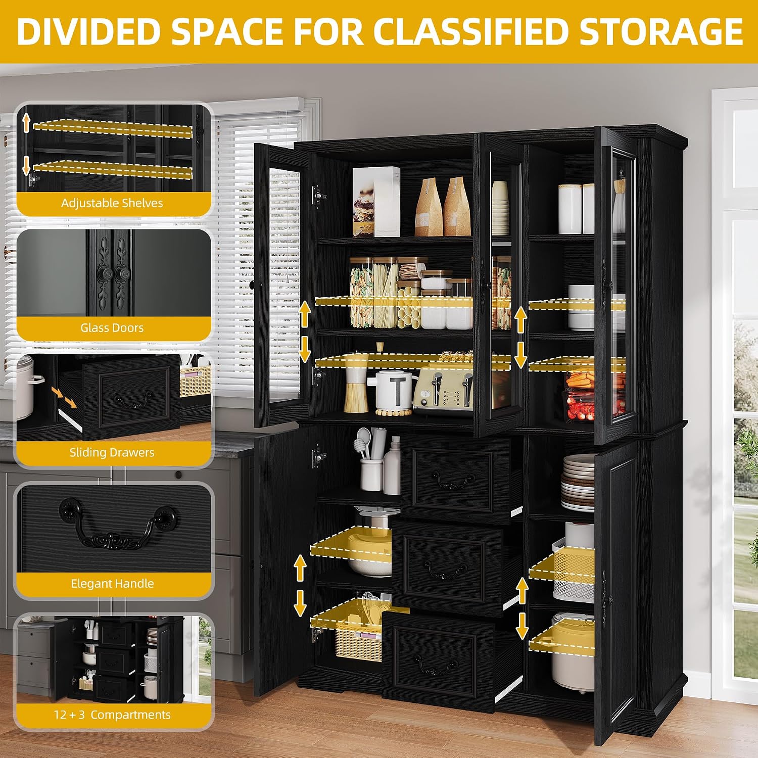 DWVO Large Storage Cabinet, 72' Tall Kitchen Pantry with Glass Doors, Freestanding Glass Display Cabinets with Adjustable Shelves & Drawers, Food China Hutch for Dining Room, Living Room, Black