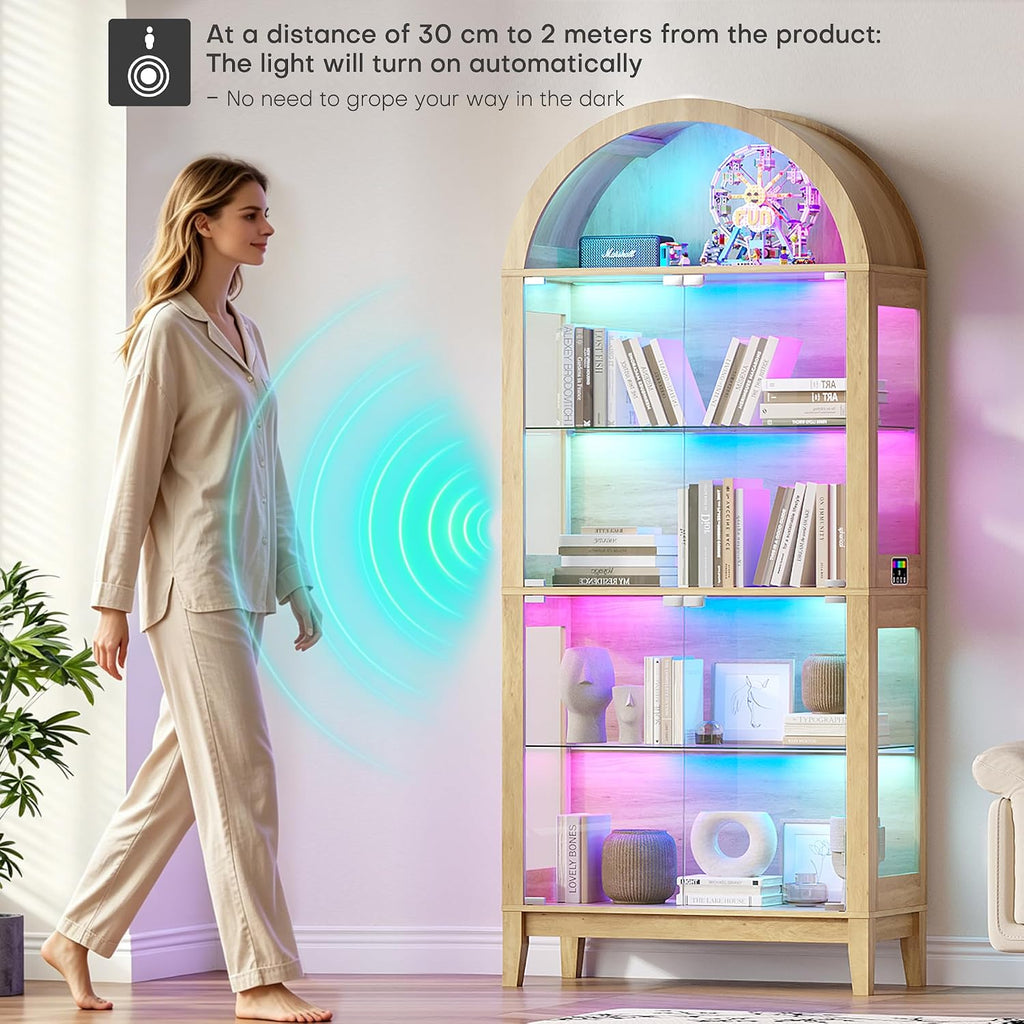 WOOVIVS Glass Display Cabinet with RGB Lights, 69' Tall Curio Cabinet with Rebound Tempered Glass Door, 5-Tier Adjustable Display Case for Living Room (Wood)