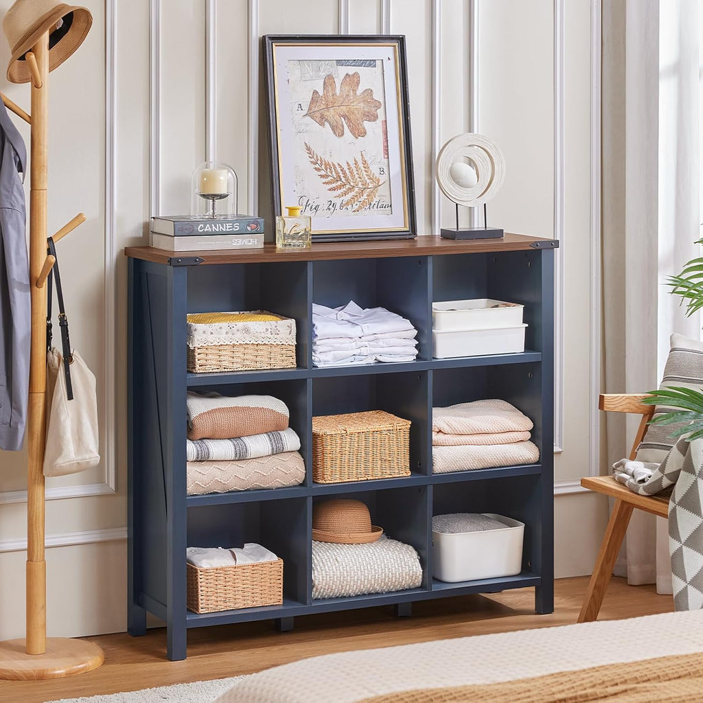 Joaxswe 9 Cube Bookcase, Farmhouse 47 Inch Wide Navy Blue Bookshelf, Wooden 3 Tier Display Large Open Book Shelf, Vintage Horizontal Book Case for Home Office, Cubby Storage Cabinet for Living Room