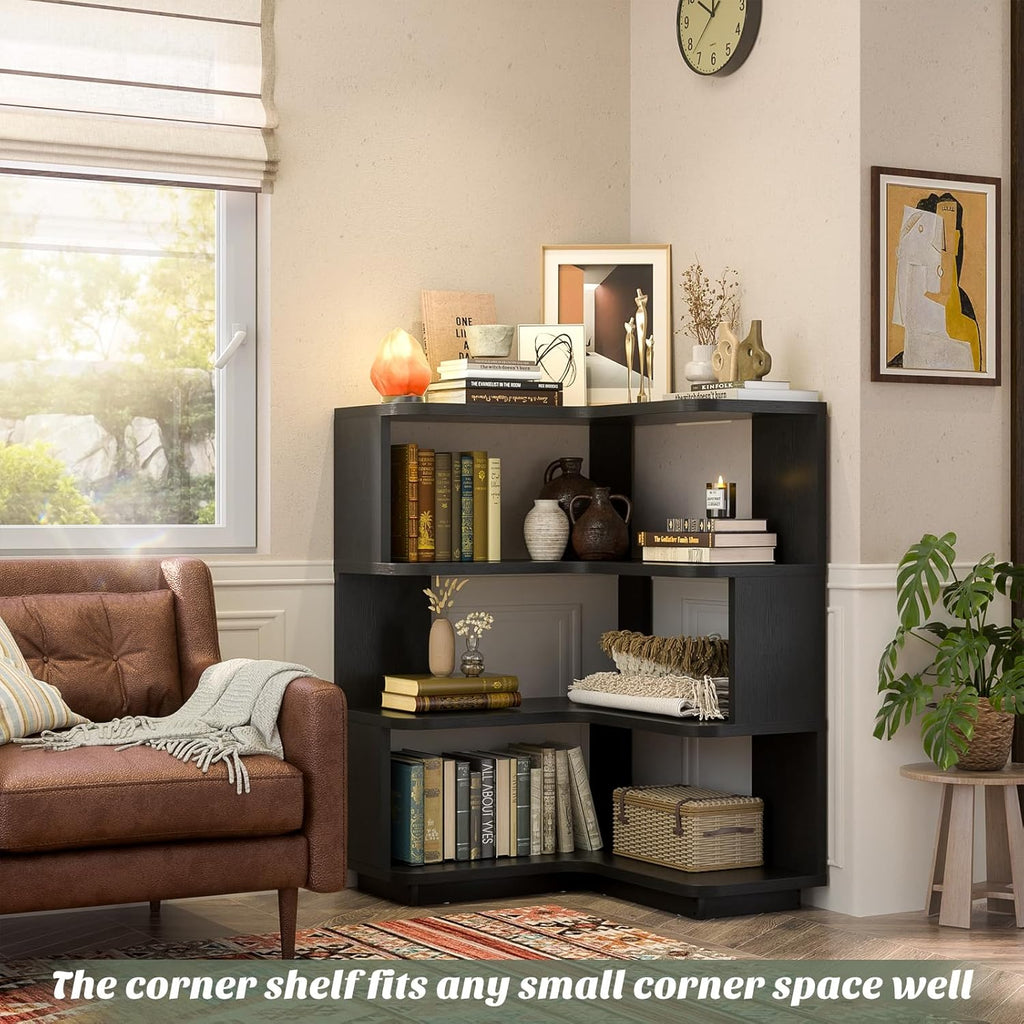 Armocity Corner Book Shelf - 4 Tier Corner Bookshelf Etagere Bookcase with Baffle, Freestanding L Shaped Display Shelf Stand for Home Office, Living Room, Bedroom, Kitchen, Black