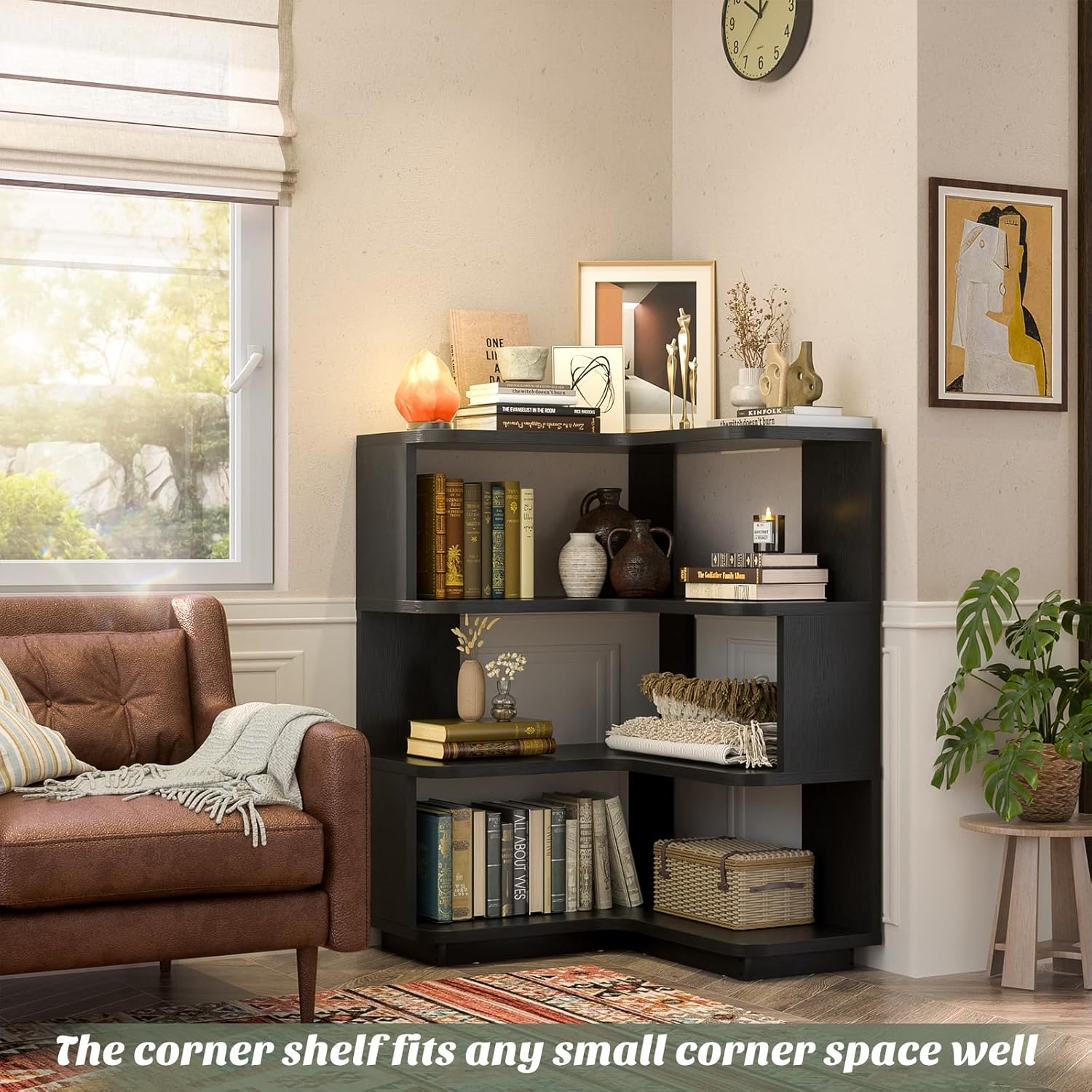 Armocity Corner Book Shelf - 4 Tier Corner Bookshelf Etagere Bookcase with Baffle, Freestanding L Shaped Display Shelf Stand for Home Office, Living Room, Bedroom, Kitchen, Black