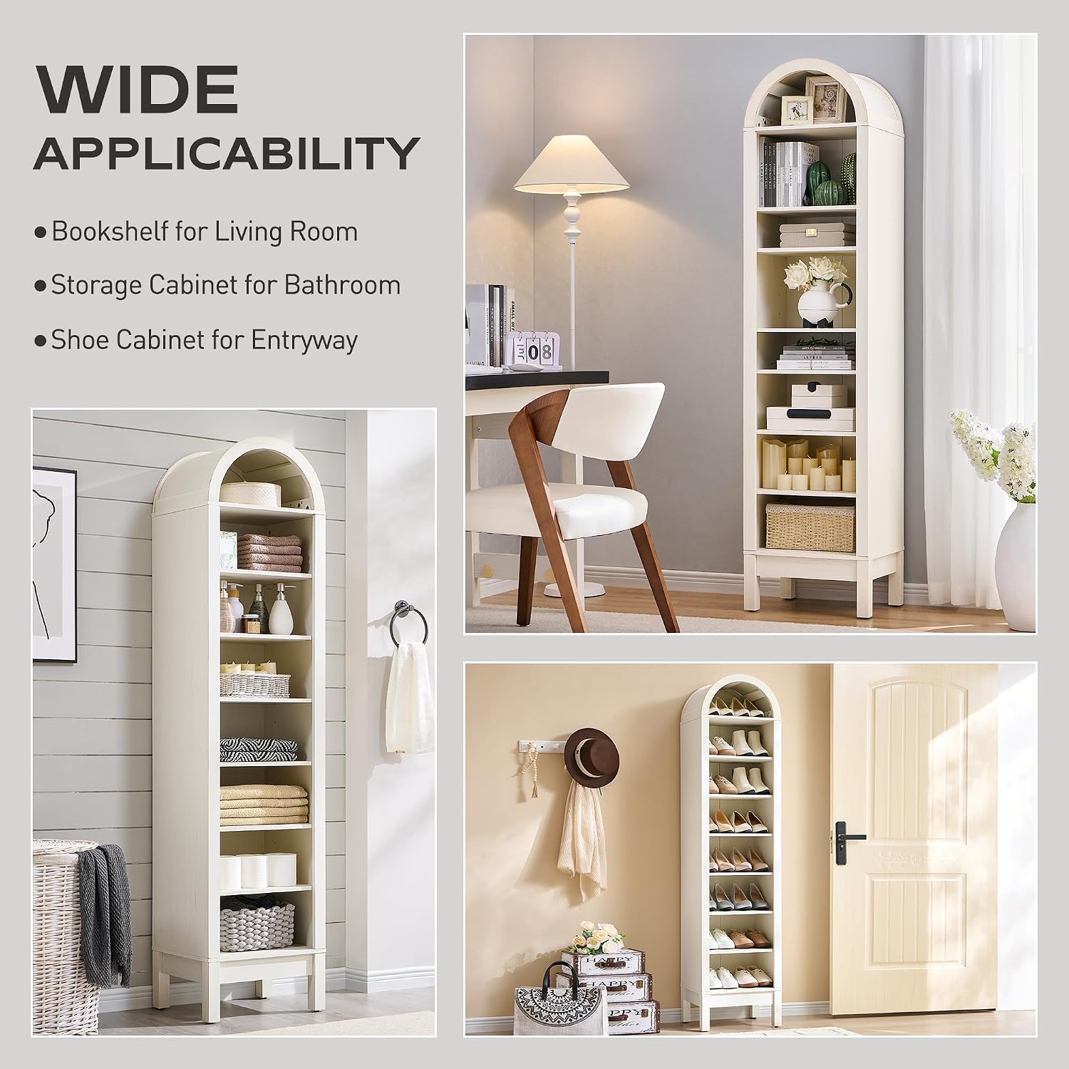 IFGET 71' Tall Arched Bookshelf, 8 Tiers Arch Bookcase with Storage, Modern Farmhouse Book Shelf with Adjustable Shelves, Wood Bookshelf w/Open Display Shelves for Living Room, Office (Antique White)