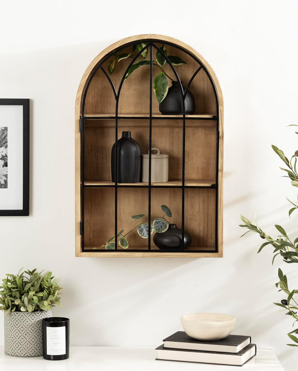 Kate and Laurel Megara Decorative Wooden Hanging Arched Wall Cabinet with Door for Open Storage; 16 x 5 x 24; Natural Wood and Black; Wooden Floating Wall Bathroom Cabinet for Above Toilet Storage