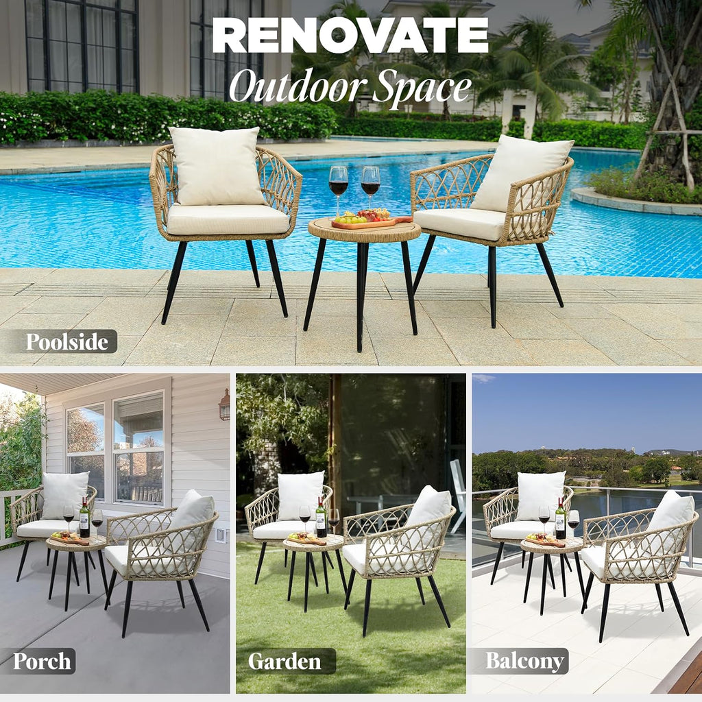 Idzo Heavy Duty 500lbs Weight Capacity Wicker Bistro Table and Chairs Set of 2 with Premium Olefin Fabric Soft Cushions