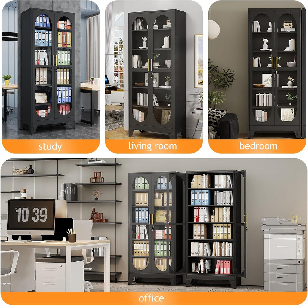PAOFIN 75' H Locking Display Cabinet with Glass Door, Metal Curio Cabinets with 5 Adjustable Shelves, Tall Liquor Cabinet Display Case for Living Room, Wine, Clinic, Home - Assembly Required Black