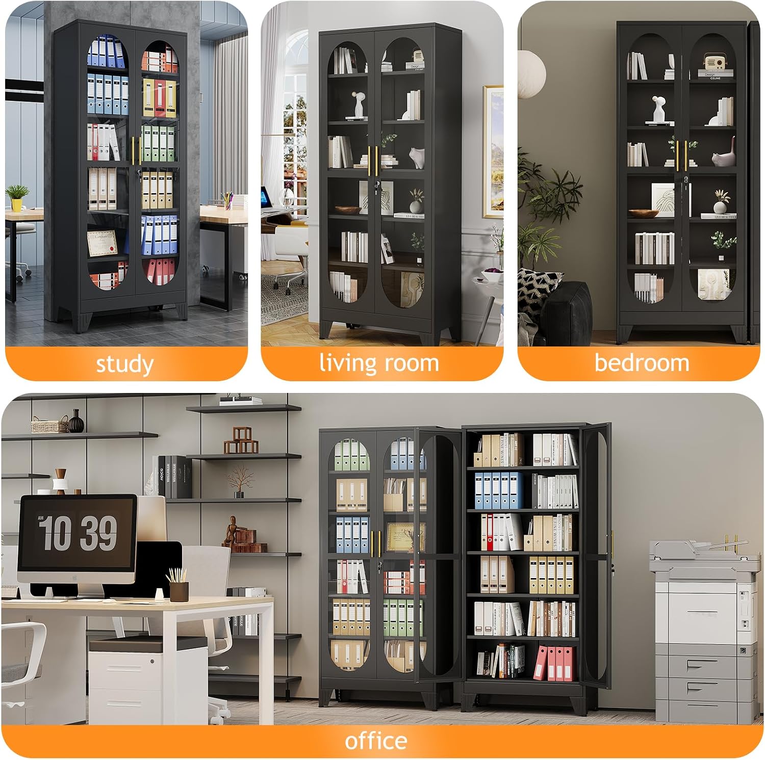 PAOFIN 75' H Locking Display Cabinet with Glass Door, Metal Curio Cabinets with 5 Adjustable Shelves, Tall Liquor Cabinet Display Case for Living Room, Wine, Clinic, Home - Assembly Required Black