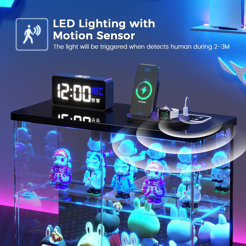 Dystler 2pcs LED Clear Glass Display Case - for Figures & Collectibles, Small 2-Tier Display Cabinet with Charging Station, Display Box with Lights & Human Sensor, for Model Car, Perfume, Black