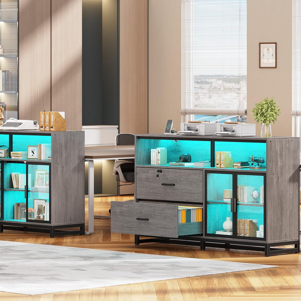 SEDETA 59' File Cabinet, 2 Drawers Filing Cabinets for Home Office fit Legal/Letter/A4 File, File Cabinet with Lock & Power Outlets, Printer Stand with Storage & LED Lights, Grey
