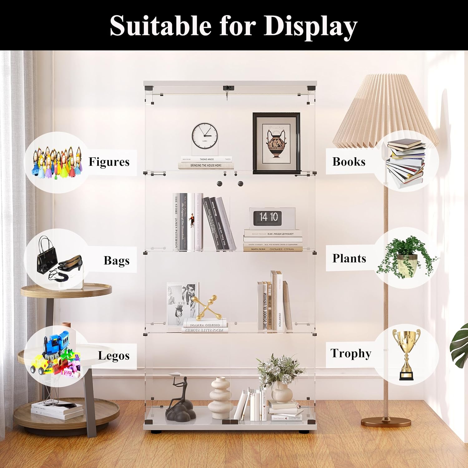 Modern 4-Tier Shelf Glass Curio Collection Display Case Cabinet with 2 Door in Clear, Showcase with Lock for Collectibles, Trophy, Action Figure 31' W x 14.3' D x 64.5' H