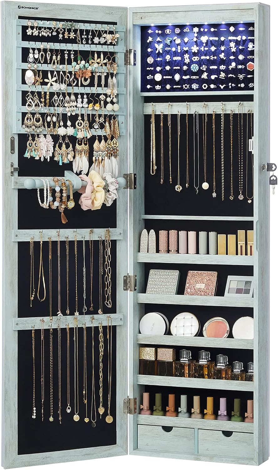 SONGMICS 6 LEDs Mirror Jewelry Cabinet, 47.2-Inch Tall Lockable Wall or Door Mounted Jewelry Armoire Organizer with Mirror, 2 Drawers, 3.9 x 14.6 x 47.2 Inches, Rustic Green UJJC93UJ