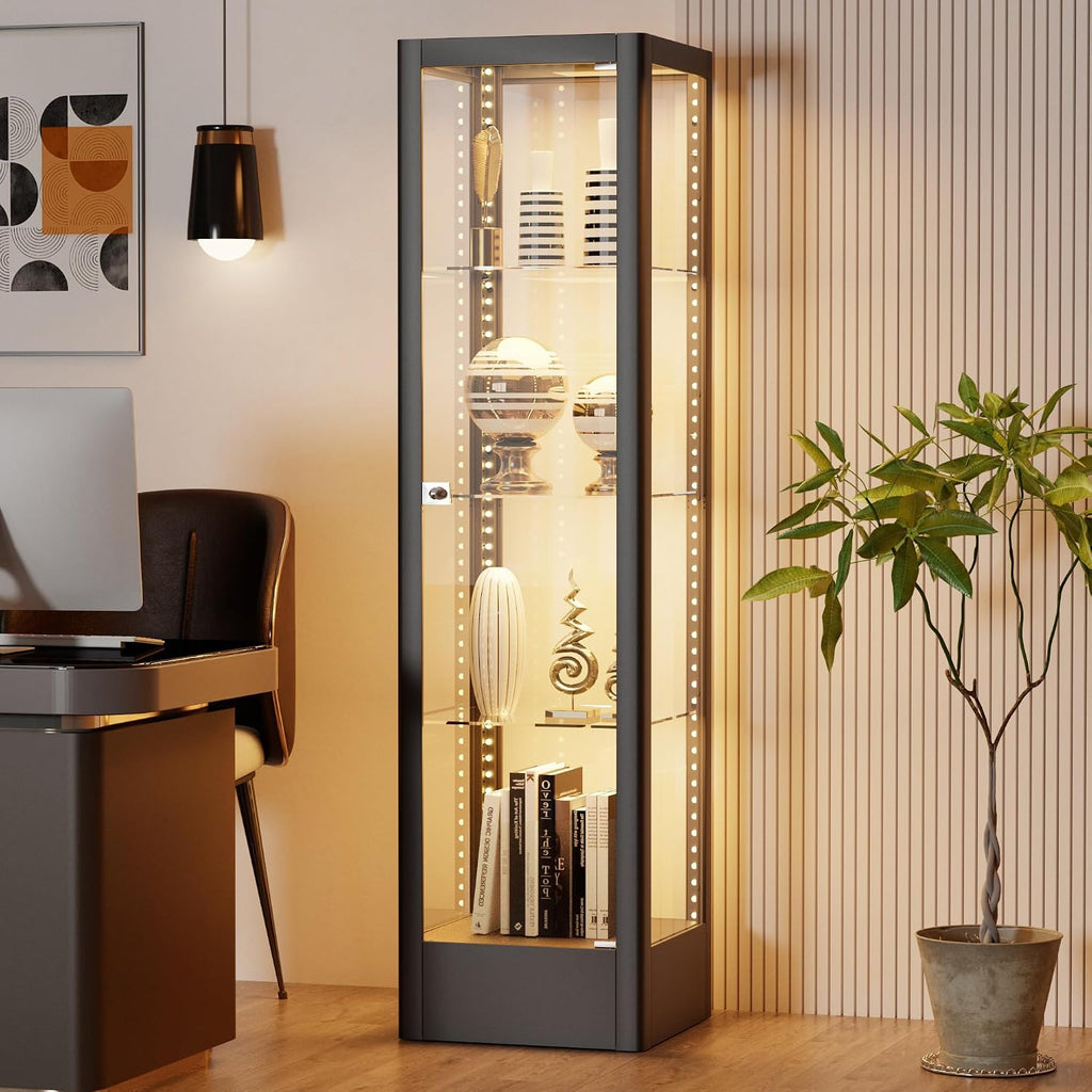 Glass Display Cabinet with 13-Color Light, 63' 4-Tier Curio Cabinet with Glass Door & Lock, Lighted Display Case with Adjustable Shelves for Collectibles Figures Trophy (Black)