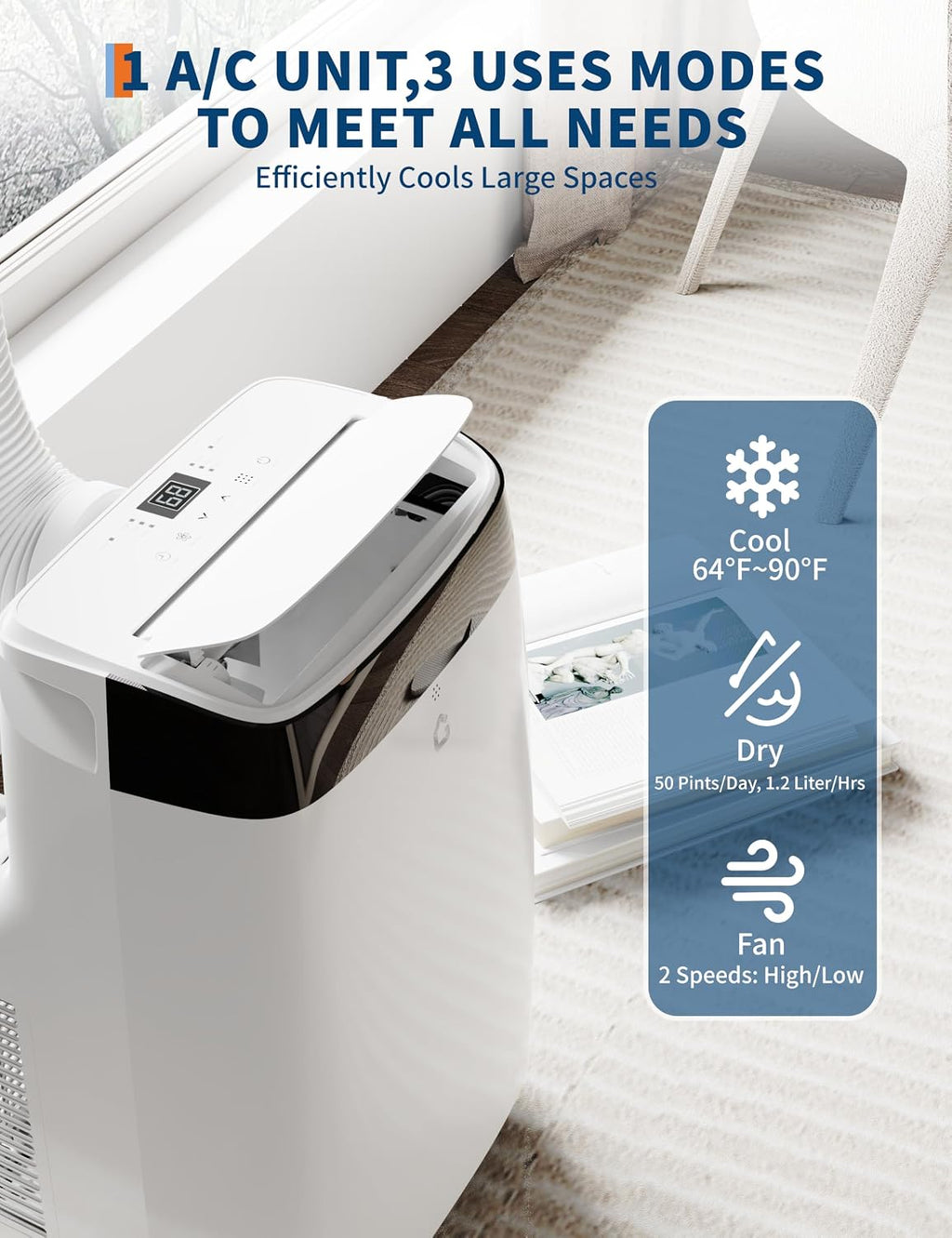 10,000 BTU Portable Air Conditioner with Dehumidifier & Fan, Cools Up to 450 Sq.Ft. Room Air Conditioner, Remote Control, Installation Kits, Auto Swing, Quiet Portable AC Units for Rooms, Black Top