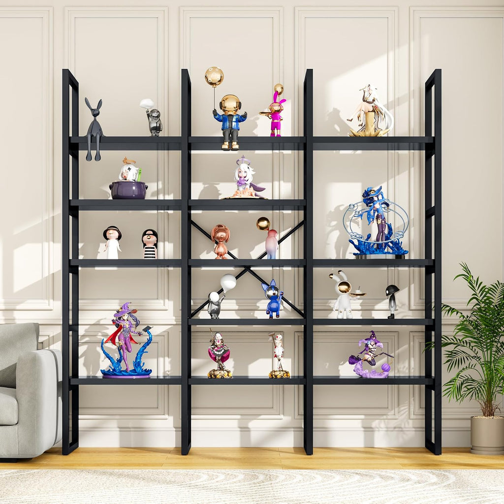 Large Bookshelf 5 Tiers, Triple Wide Geometric Bookcase, 71 Inches Tall Industrial Book Shelves Etagere Book Case, Sturdy Metal Frame, Freestanding Display Shelving Unit (Black)