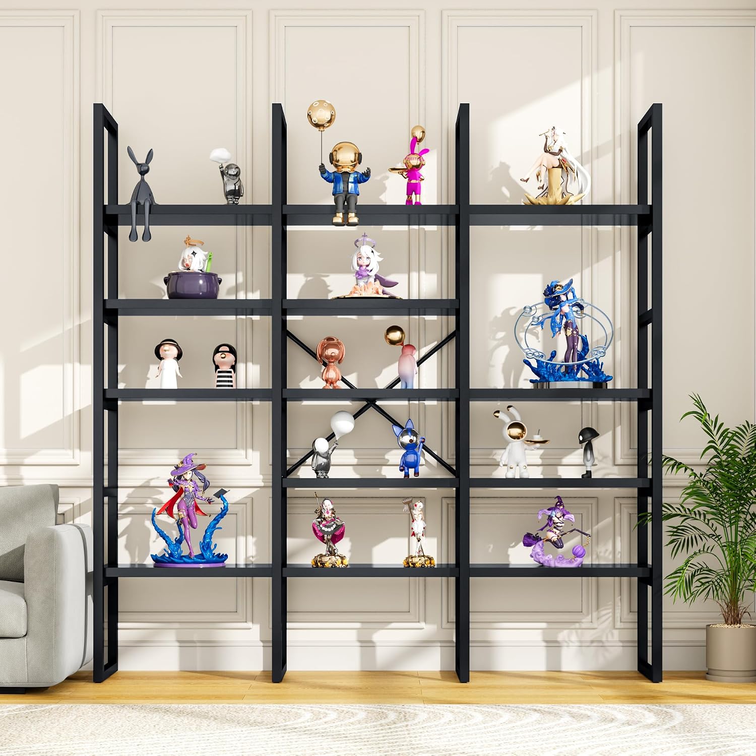 Large Bookshelf 5 Tiers, Triple Wide Geometric Bookcase, 71 Inches Tall Industrial Book Shelves Etagere Book Case, Sturdy Metal Frame, Freestanding Display Shelving Unit (Black)