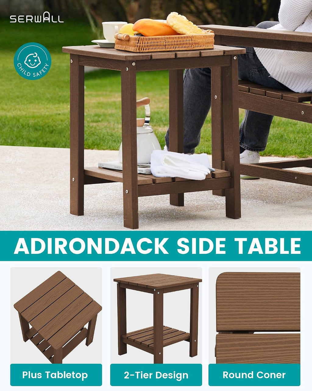 SEWRWALL 3 Pieces Patio Bistro Set, All Weather Adirondack Chair Set with Side Table, HDPE Material Outdoor Patio Furniture Set for Balcony, Porch, Garden, Backyard- Brown