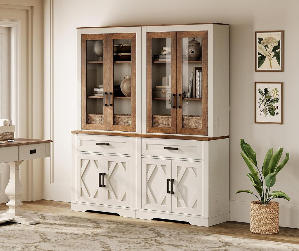 WAMPAT 5-Tier Bookcase with Sturdy Plexiglass Doors,73.3' Tall Standing Bookshelves with Barn Door Cabinets,63' Wide Modern Farmhouse Display Cabinet with Adjustable Shelves for Home,Office,Oak