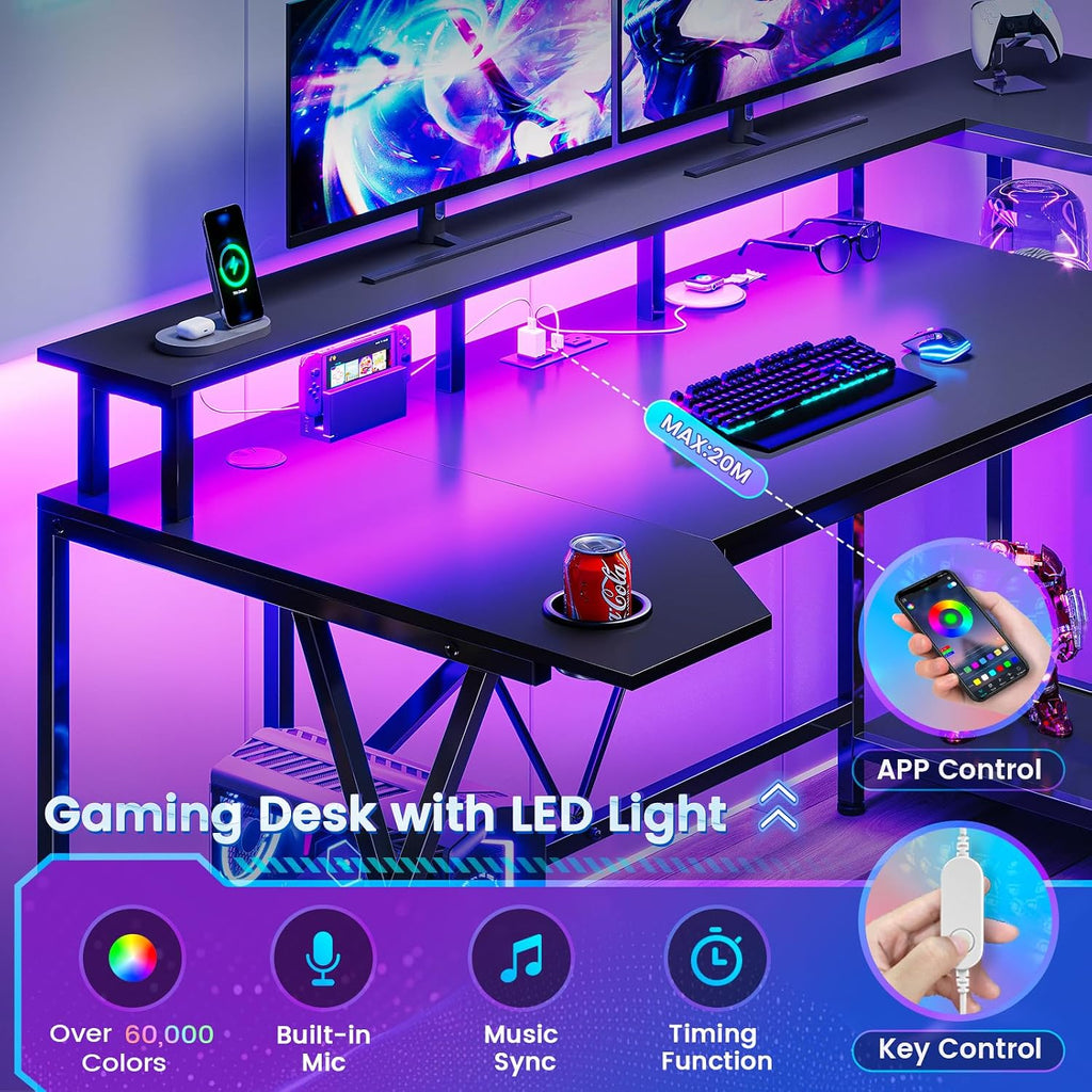 SEDETA Gaming Desk 55'' with LED Lights and Storage Shelves, Computer Desk with Monitor Stand, Power Outlets and Cup Holder, Large PC Gamer Desk, Gaming Table for Bedroom, Living Room, Black