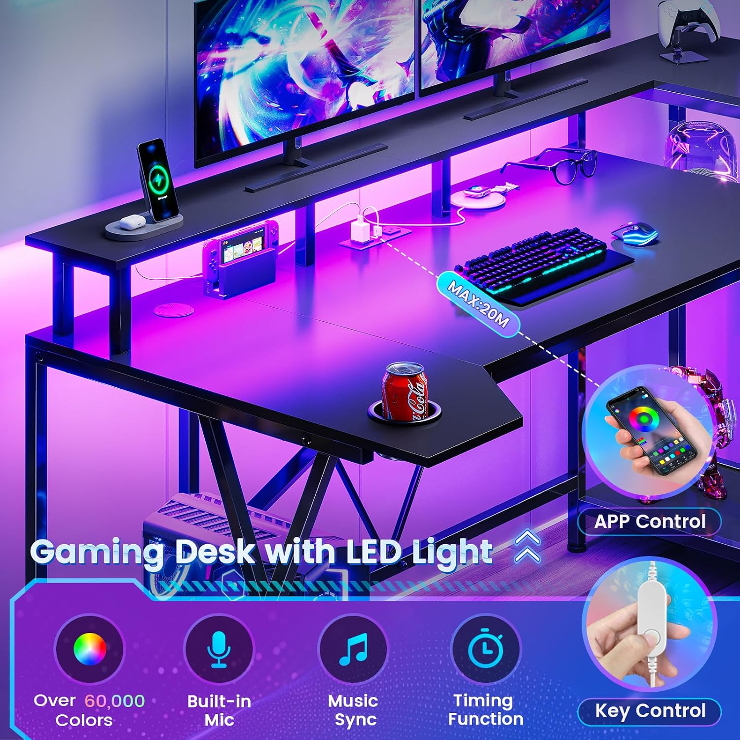 SEDETA Gaming Desk 55'' with LED Lights and Storage Shelves, Computer Desk with Monitor Stand, Power Outlets and Cup Holder, Large PC Gamer Desk, Gaming Table for Bedroom, Living Room, Black