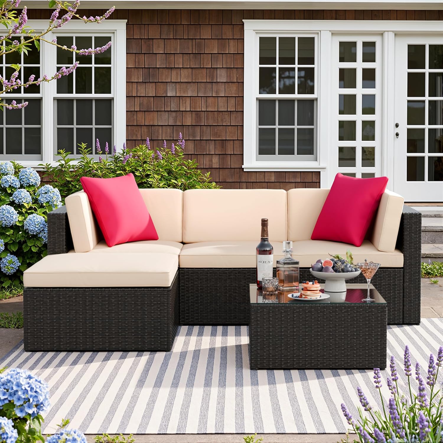 Devoko 5 Pieces Patio Furniture Sets All Weather Outdoor Sectional Patio Sofa Manual Weaving Wicker Rattan Patio Seating Sofas with Cushion and Glass Table (Beige)