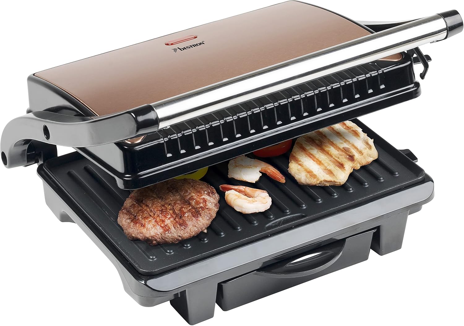 Bestron Electric Sandwich Maker, Panini Non-Stick Contact Grill, with Drip Tray, 1000W, Colour: Copper