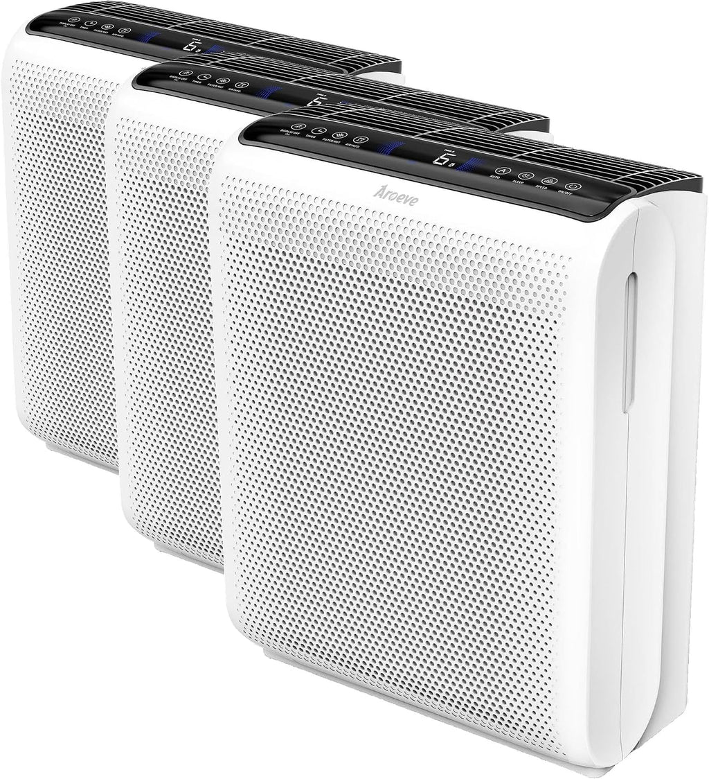 AROEVE Air Purifier for Large Rooms up to 1504 Ft² - 5 Layer Filter System for Smoke, Pollen, Allergies & Pet Dander, Features Air Monitor, Sleep Mode & Timer, MK07 White (Pack of 3)
