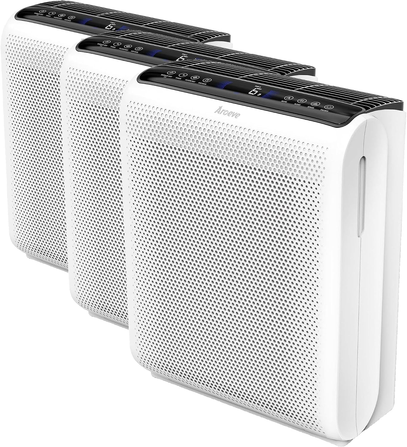 AROEVE Air Purifier for Large Rooms up to 1504 Ft² - 5 Layer Filter System for Smoke, Pollen, Allergies & Pet Dander, Features Air Monitor, Sleep Mode & Timer, MK07 White (Pack of 3)