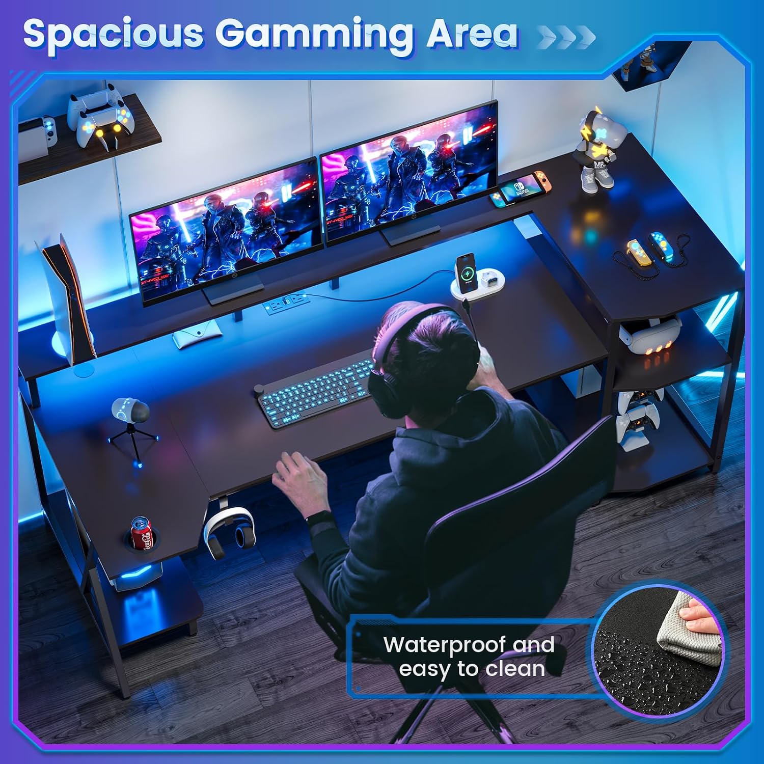 SEDETA Gaming Desk 55'' with LED Lights and Storage Shelves, Computer Desk with Monitor Stand, Power Outlets and Cup Holder, Large PC Gamer Desk, Gaming Table for Bedroom, Living Room, Black