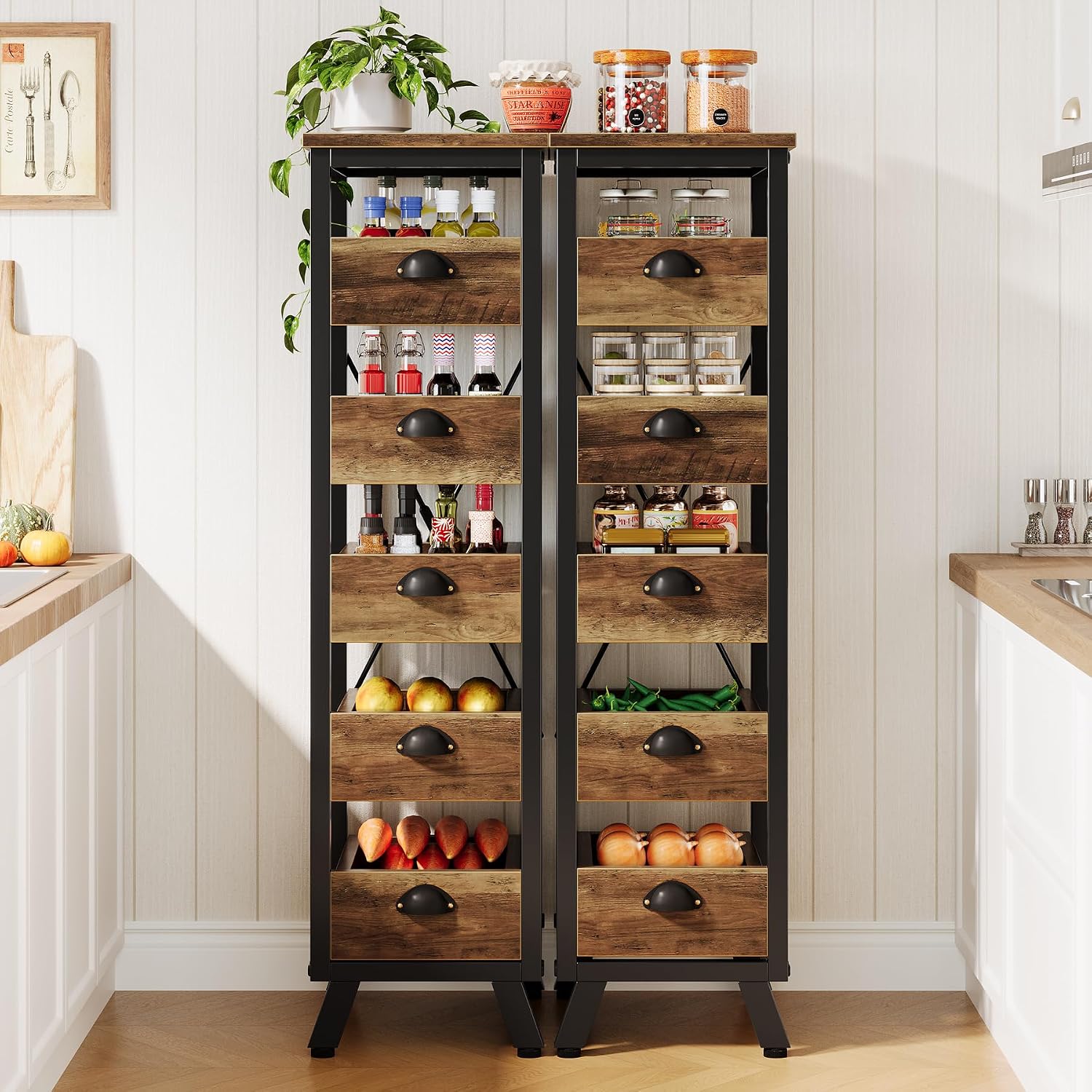 Tribesigns Wood Fruit and Vegetable Storage Rack Set of 2, 5-Tier Narrow Snack Stand Kitchen Stand Fruit Basket, Pull-Out Utility Organizer for Kitchen, Living Room, Rustic Brown