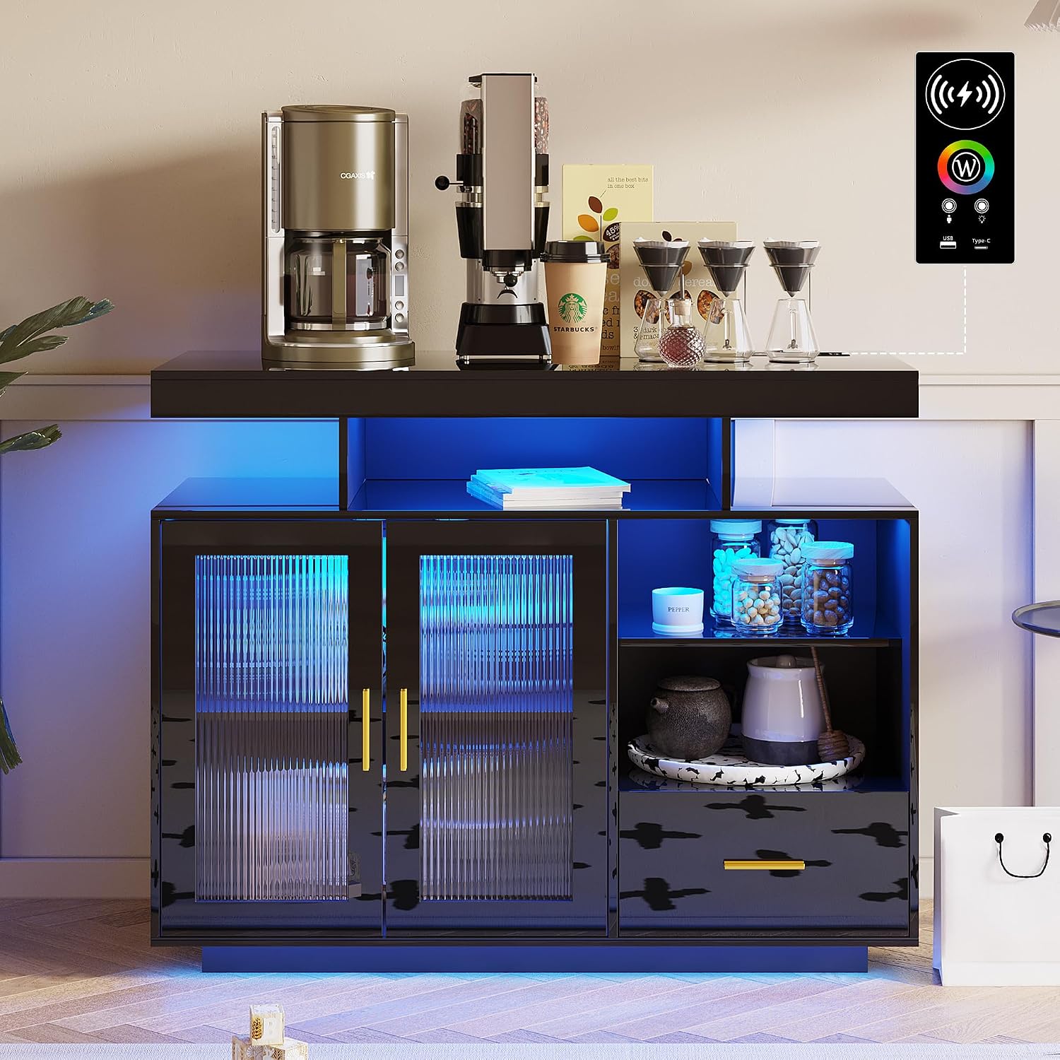 HNEBC LED Sideboard Buffet Cabinet with Charging Station, Smart Bar Cabinet with Auto RGB Lighted, High Gloss Coffee Bar with Drawer/Hutch for Living Room, Dining Room, Home Storager(Black)