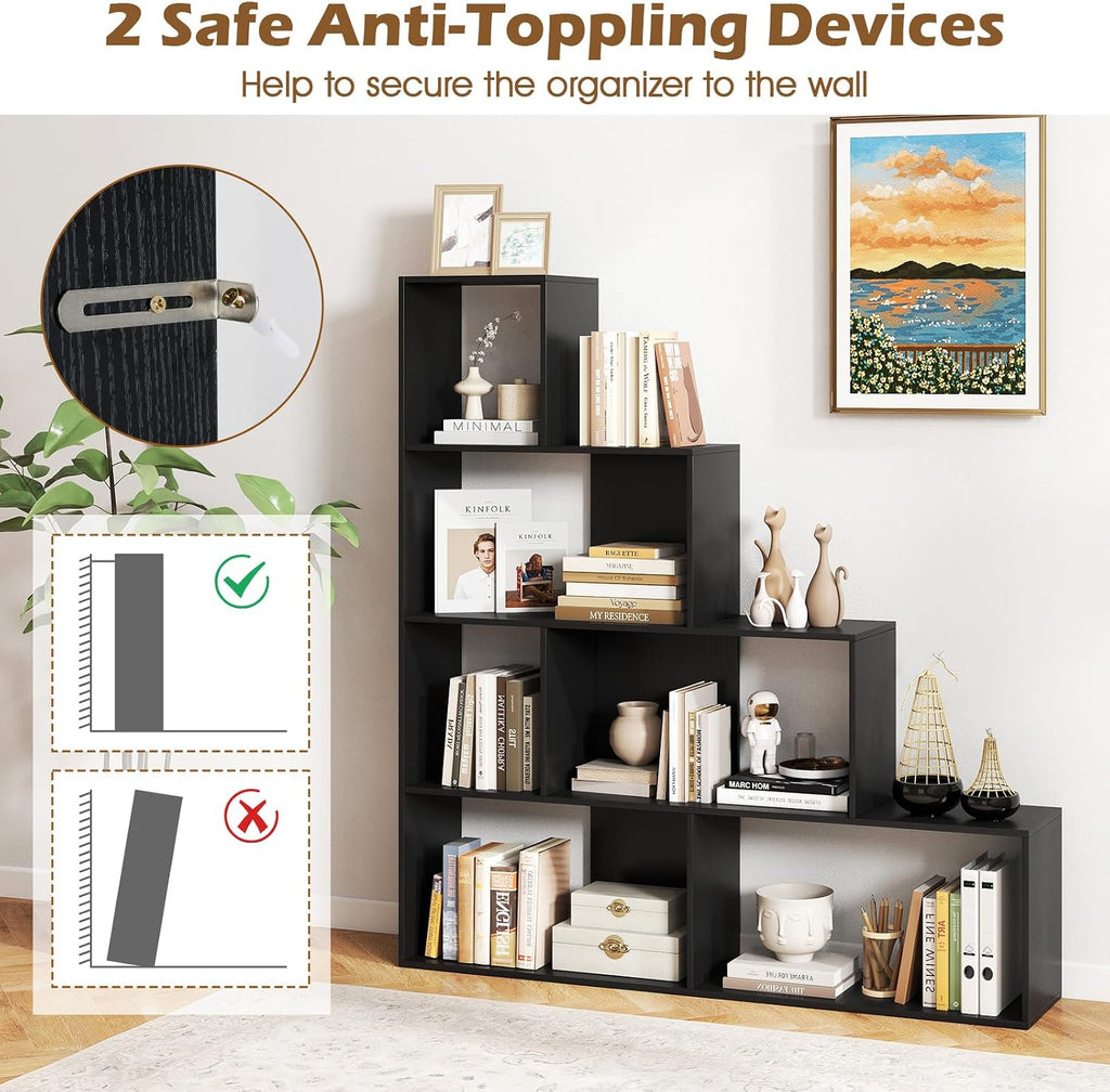 Tangkula 4-Tier Stepped Bookshelf, Freestanding 6 Cubes Ladder Bookcase with Anti-Tipping Kits, 64' Tall Modern Wooden Storage Display Rack for Home Office Living Room Study (1, Black)