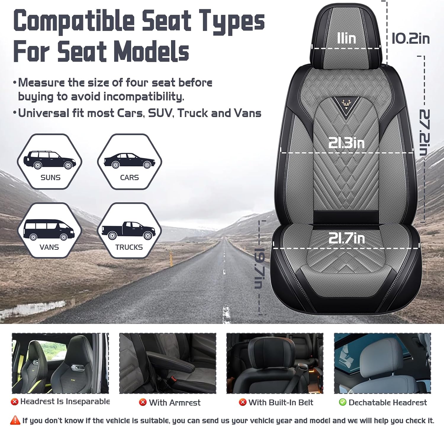Car Seat Covers for Dodge Dart 2013-2016, Waterproof Nappa Leather Full Set Seat Cover, Anti-Slip and Comfortable Automotive Seat Protector&Accessories(Black Gray)