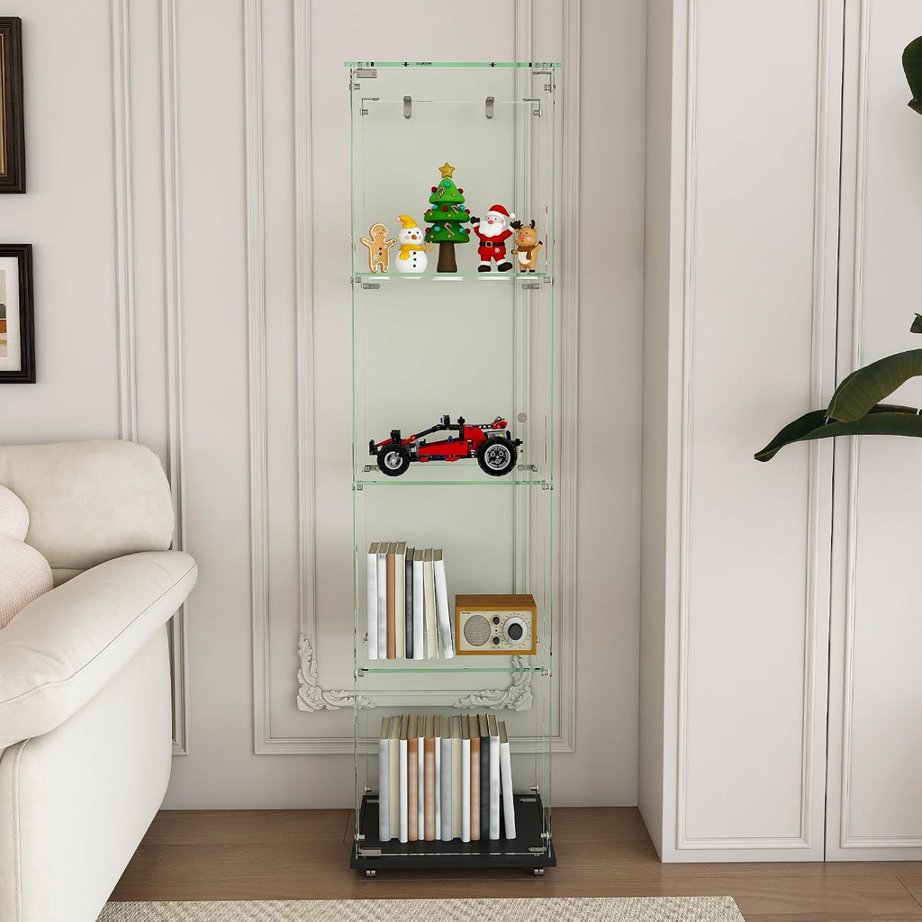 Runboll Glass Display Cabinet 4 Tiers with LED Light, Curio Cabinet with Wheels, Floor Standing Tempered Glass Showcase Display Shelf for Collectibles, Legos, Figures, Plants