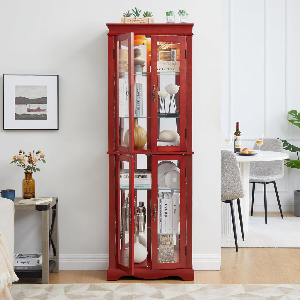 Lighted Glass Curio Cabinet with Lights & Adjustable Shelves,Curio Display Cabinet with Wood Frame,Corner Cabinet for Kitchen,Living Room,Office
