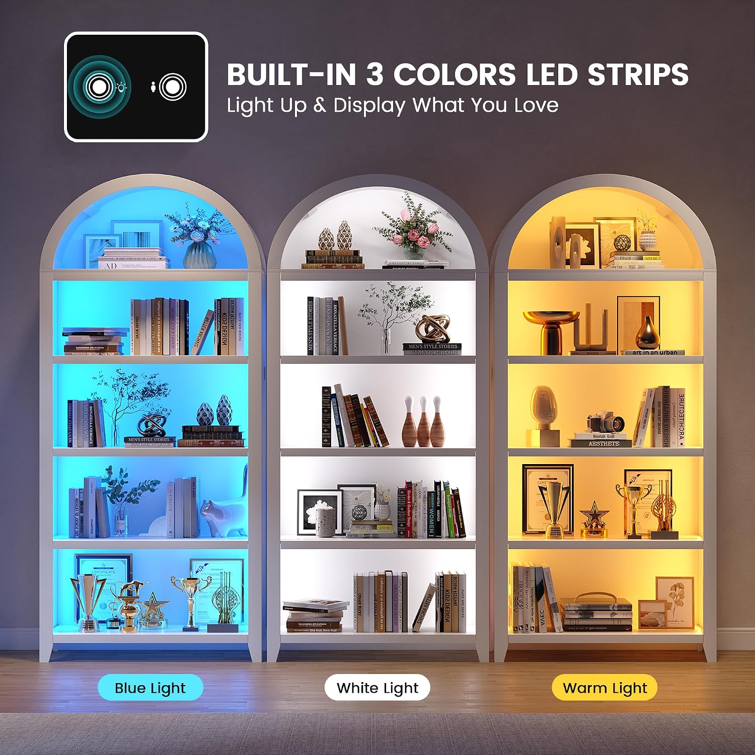Arched Bookcase - 5 Layers Bookshelf with 3 Colors LED Sensor Lights and Thickened Wooden Design Display Shelf for Lego Books Bathroom Living Room - Ideal Gift (White)
