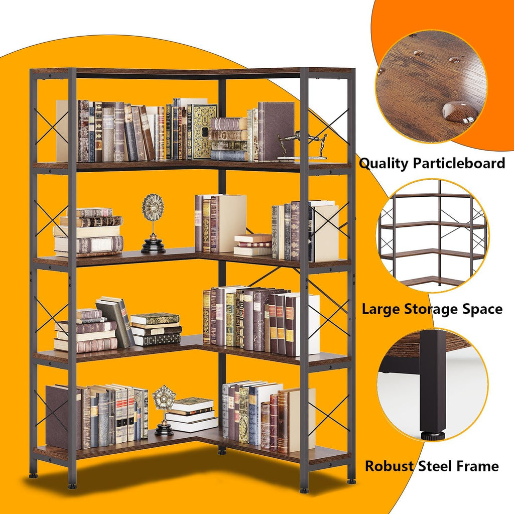 Wildhome 5-Shelf Corner Bookshelf, Vintage Industrial L-Shaped Bookshelf Etagere Bookcase, Large Book Shelf with Metal Frame Open Storage Corner Cabinet (Retro Brown-5 Shelf)