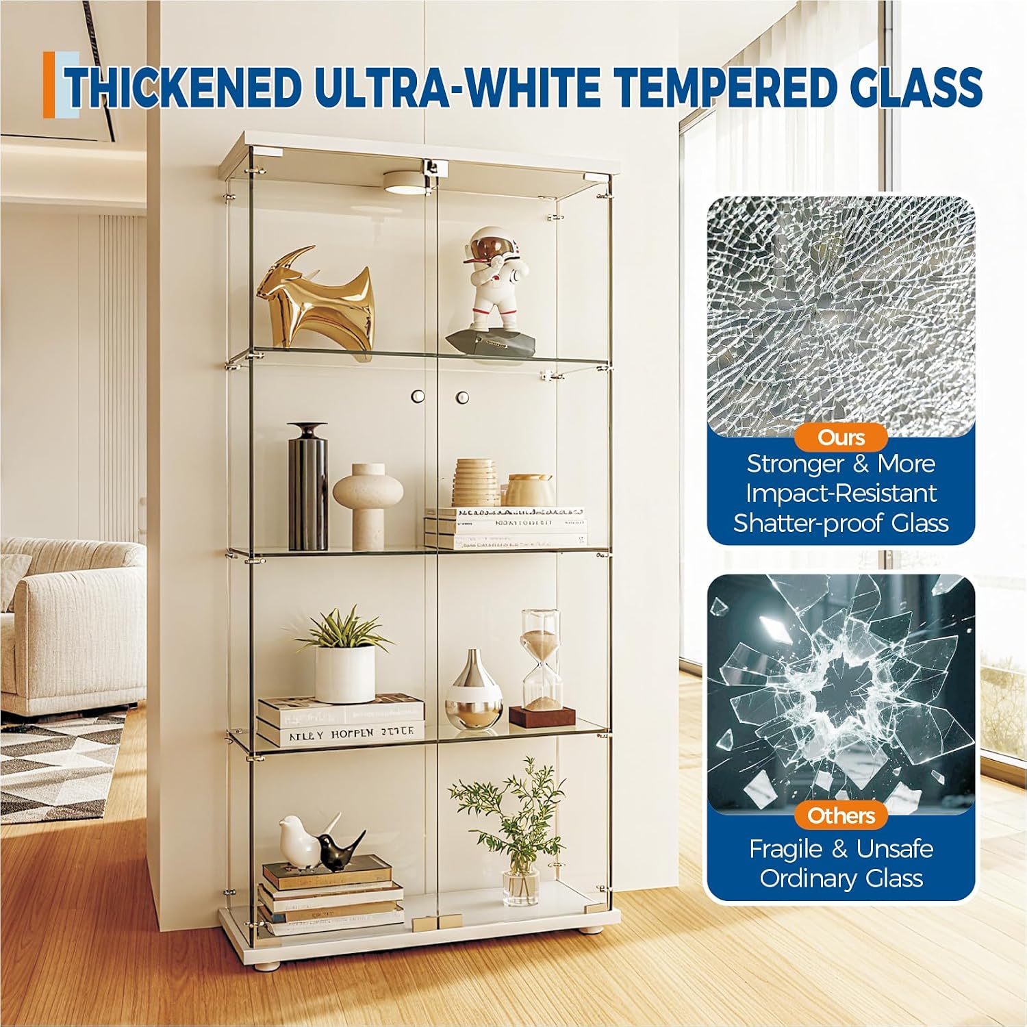 Garvee Glass Display Cabinet with LED Light, Tempered Glass Curio Collection Display Showcase with 4 Shelves and Lock, 2 Door Curio Cabinets for Living Room Bedroom Office, 64 x 31.7 x 14.3 in, White