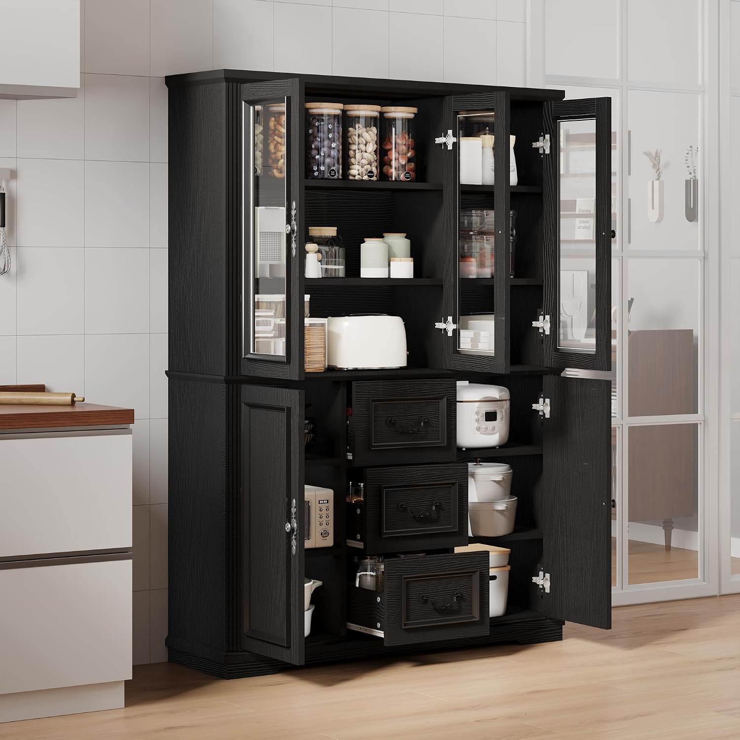 YITAHOME 71' H x 47' W Kitchen Pantry with 3 Drawers, Large Storage Cabinet with 3 Glass Doors & Adjustable Shelves, Freestanding Tall Display China Cabinet for Living & Dining Room, Black